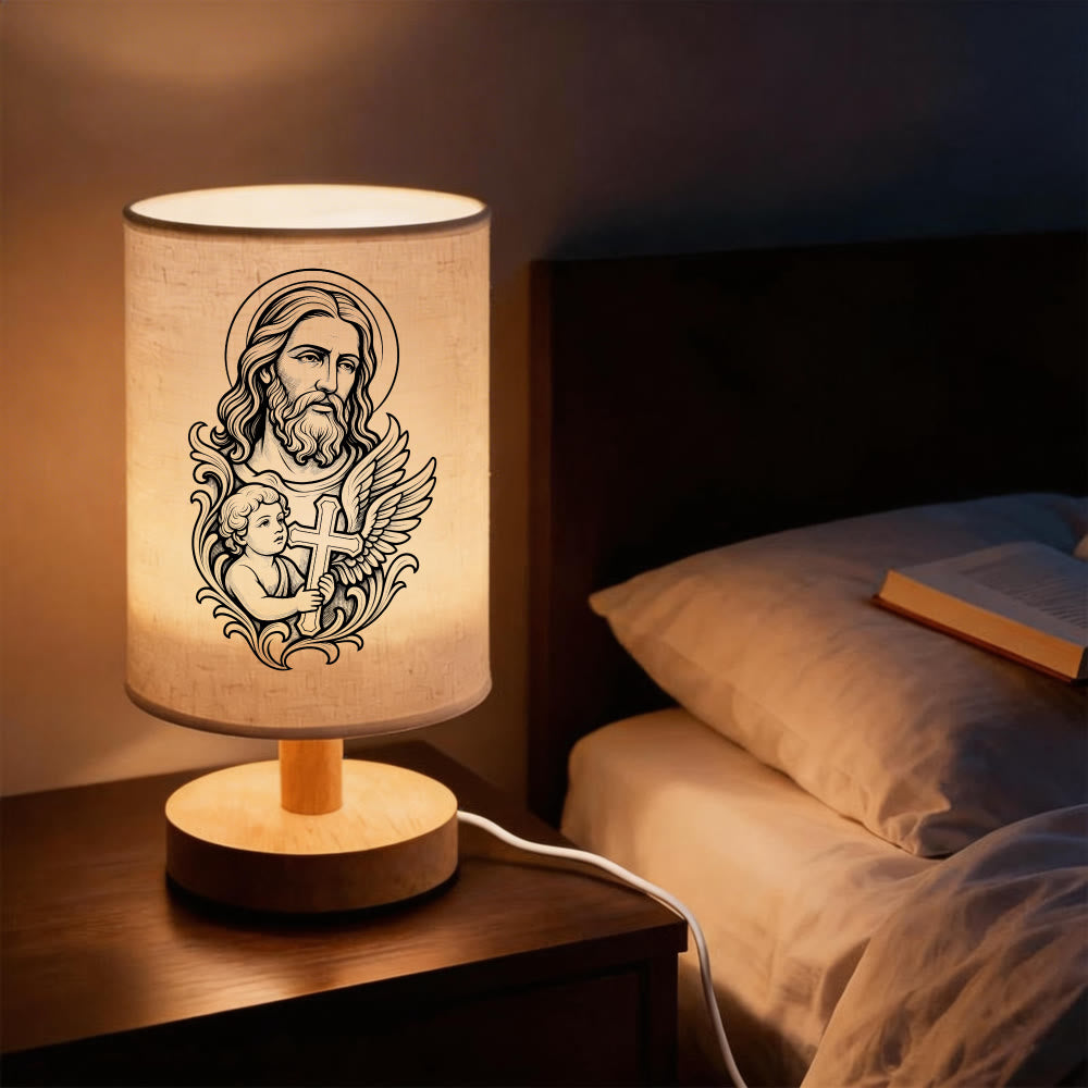 Christianartworkshop Natural Wood Base Fabric Lampshade Holy Family Vintage Table Lamp: A Carrier of Warm Harmonious Nighttime Peace - Jesus & Angel - image 1