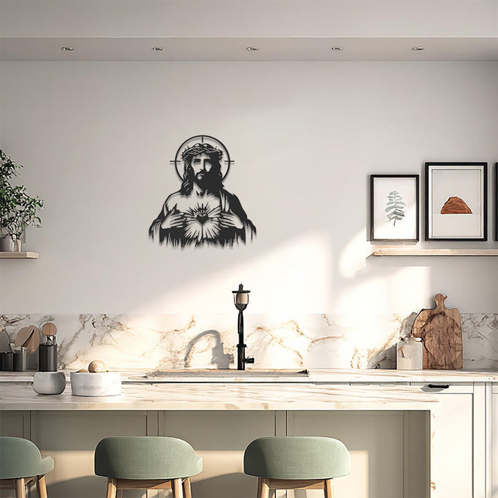 Christianartworkshop Sacred Heart Jesus Crown of Thorns Halo Silhouette Metal Wall Decor: Timeless Emblem of Boundless Divine Compassion - image 0