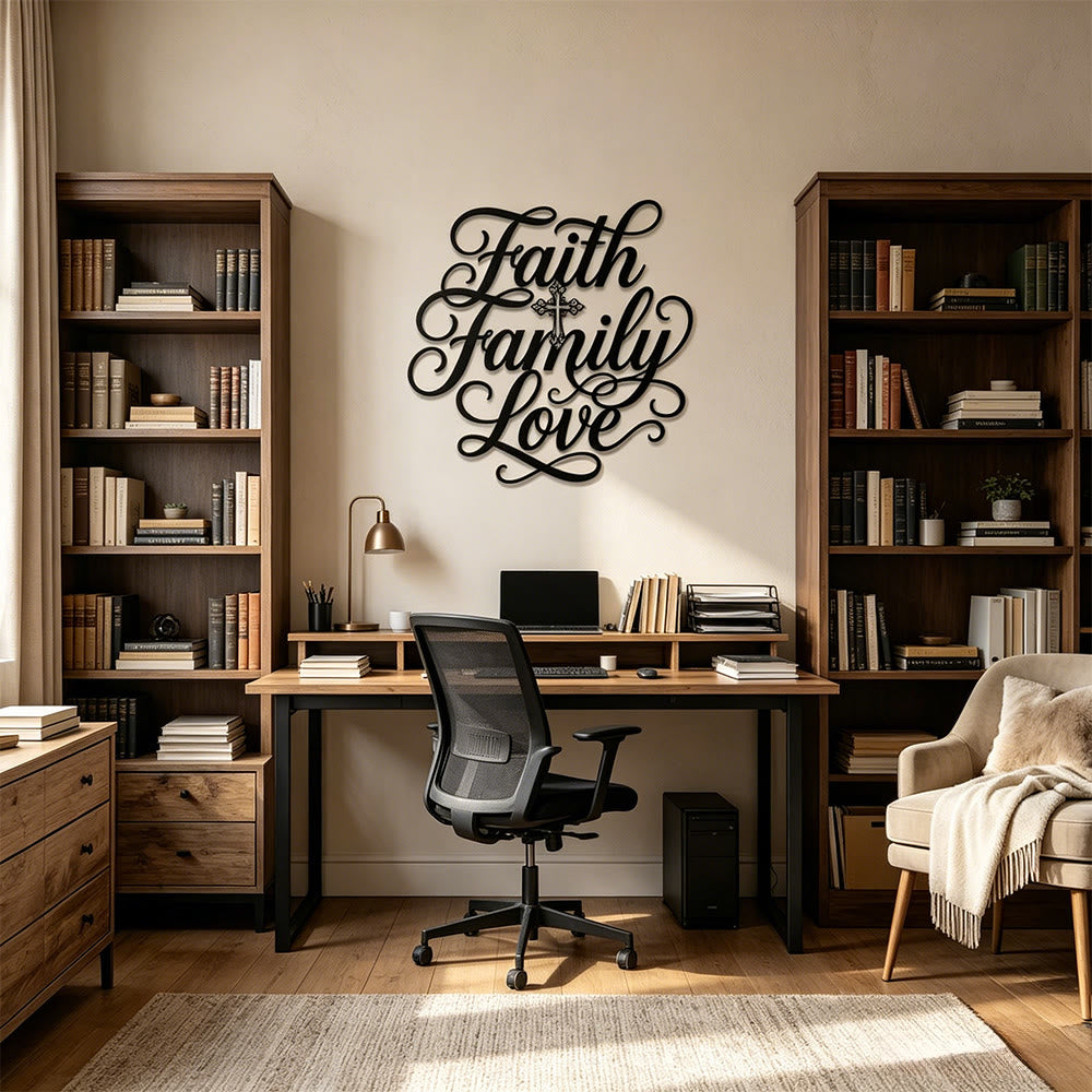 Christianartworkshop Faith Family Love Script Cross Accent Metal Wall Decor: Timeless Emblem of Sacred Household Blessing - image 2