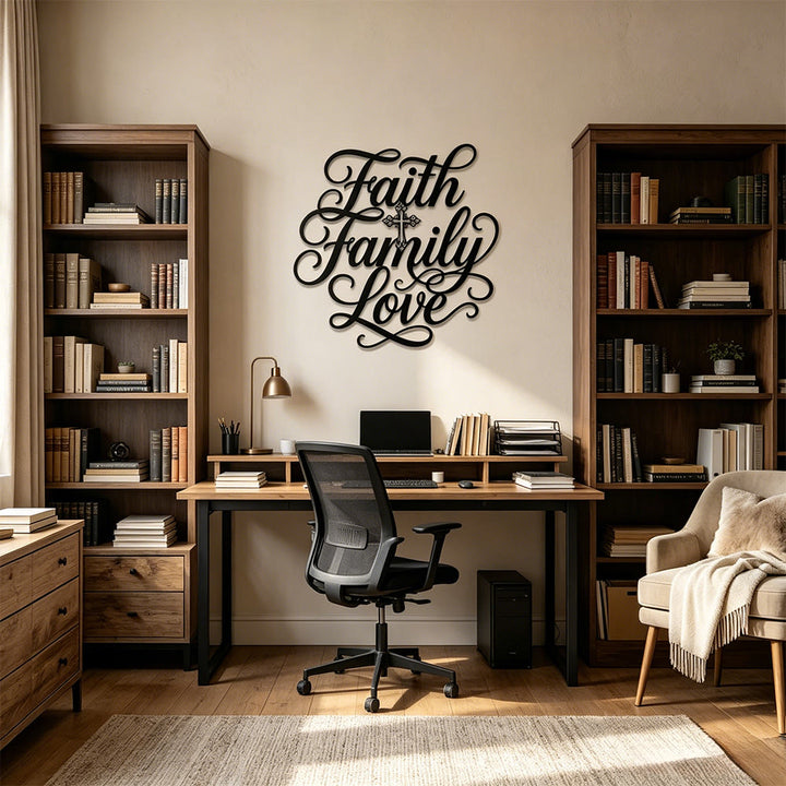 Christianartworkshop Faith Family Love Script Cross Accent Metal Wall Decor: Timeless Emblem of Sacred Household Blessing - image 2