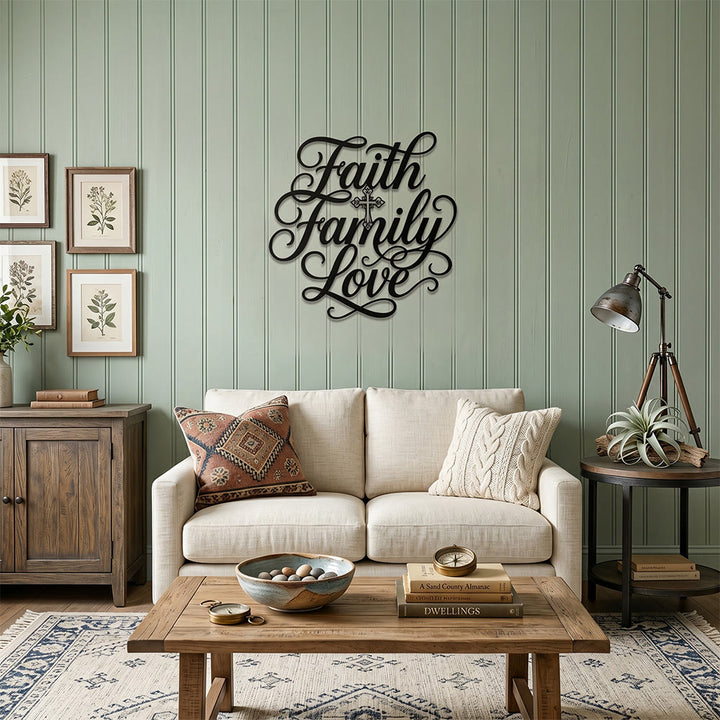 Christianartworkshop Faith Family Love Script Cross Accent Metal Wall Decor: Timeless Emblem of Sacred Household Blessing - image 3