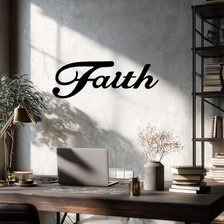 Christianartworkshop Elegant Cursive Faith Single Word Metal Wall Decor: Timeless Emblem of Steadfast Inner Belief - image 0