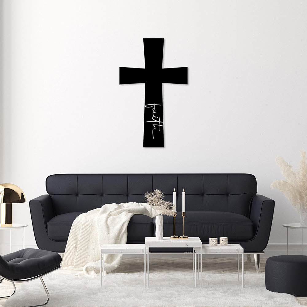 Christianartworkshop Minimal Solid Cross With Vertical Faith Cursive Metal Wall Decor: Timeless Emblem of Steadfast Spiritual Conviction - image 1
