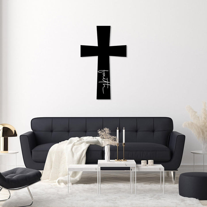 Christianartworkshop Minimal Solid Cross With Vertical Faith Cursive Metal Wall Decor: Timeless Emblem of Steadfast Spiritual Conviction - image 1