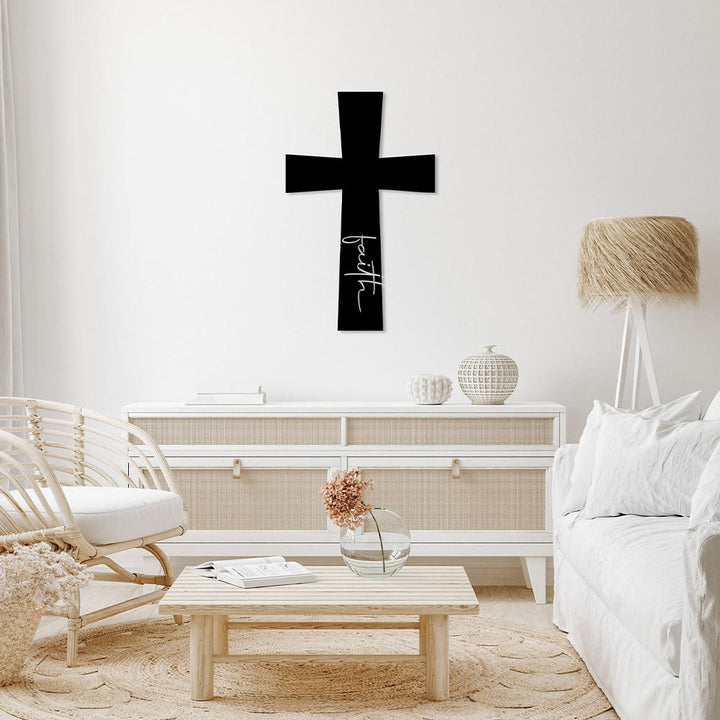 Christianartworkshop Minimal Solid Cross With Vertical Faith Cursive Metal Wall Decor: Timeless Emblem of Steadfast Spiritual Conviction - image 0