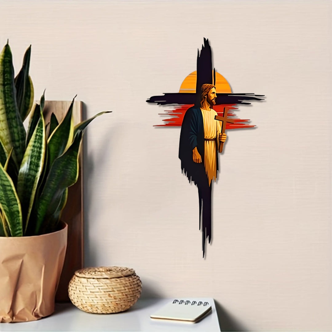 Christianartworkshop Brushstroke Cross Jesus Sunset Landscape Metal Wall Decor: Timeless Emblem of Sacred Redemptive Grace - image 1