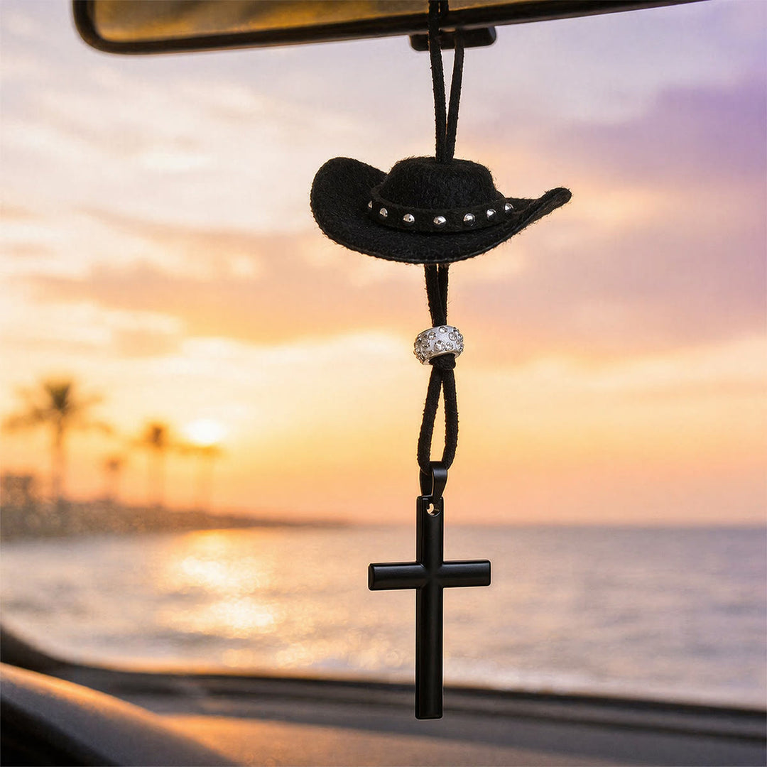 Christianartworkshop Western Style Plush Cowboy Hat Simple Black Cross Car Pendant: A Reminder of Steadfast Spiritual Peace on Every Drive - image 2