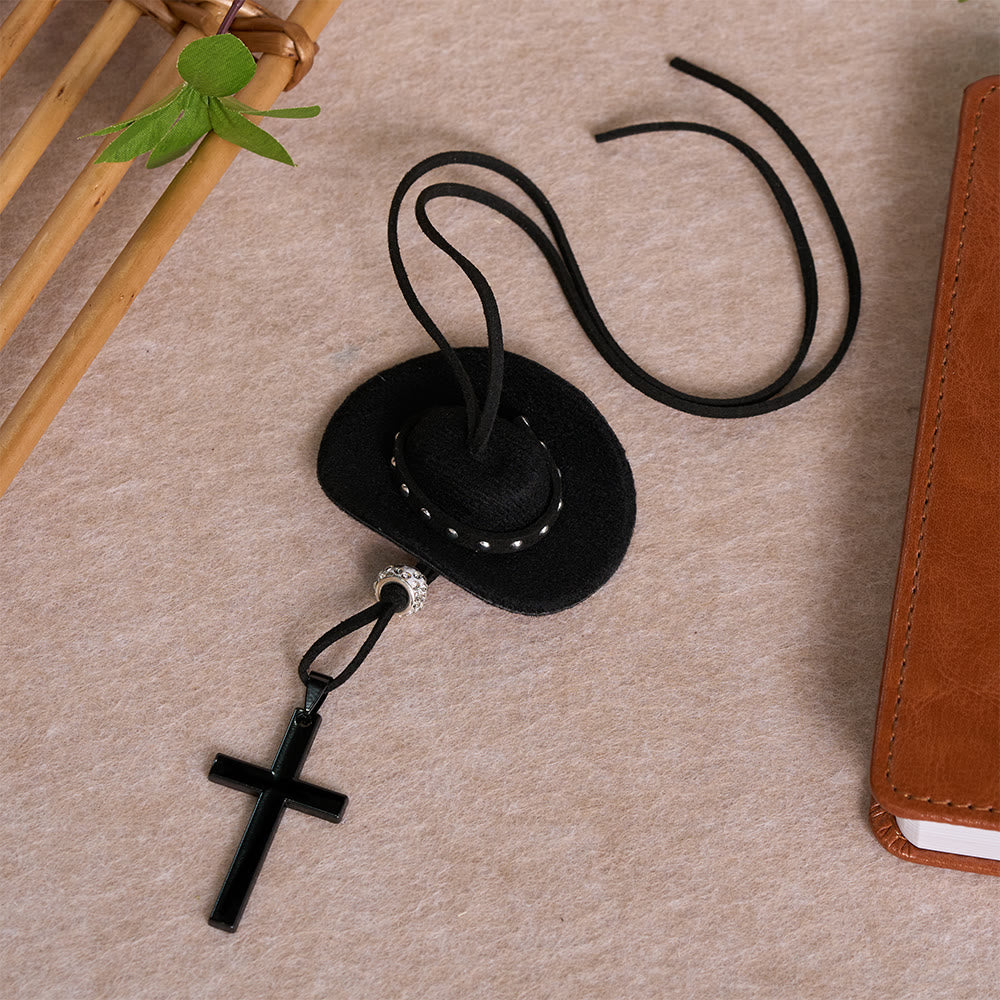 Christianartworkshop Western Style Plush Cowboy Hat Simple Black Cross Car Pendant: A Reminder of Steadfast Spiritual Peace on Every Drive - image 5