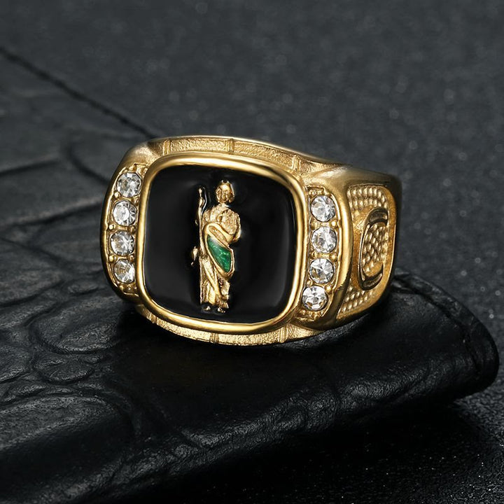 Christianartworkshop Framed Stone St. Jude Sculpted Signet Ring: Timeless Emblem of Steadfast Devotional Trust - Golden - US 13 - image 0