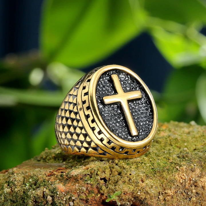 Christianartworkshop Oval Plaque Raised Cross Textured Side Signet Ring: Timeless Emblem of Unshakable Sacred Faith - Black&Golden - US 13 - image 0