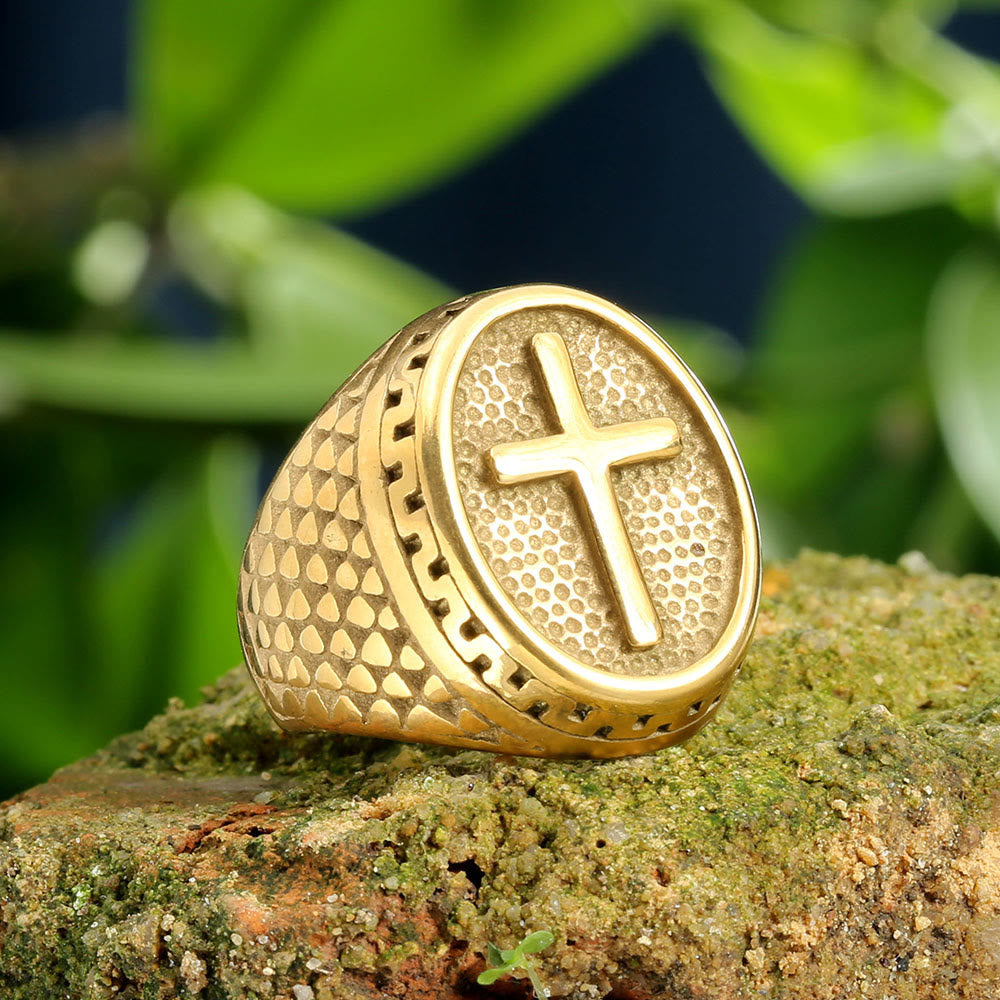 Christianartworkshop Oval Plaque Raised Cross Textured Side Signet Ring: Timeless Emblem of Unshakable Sacred Faith - Golden - US 13 - image 7