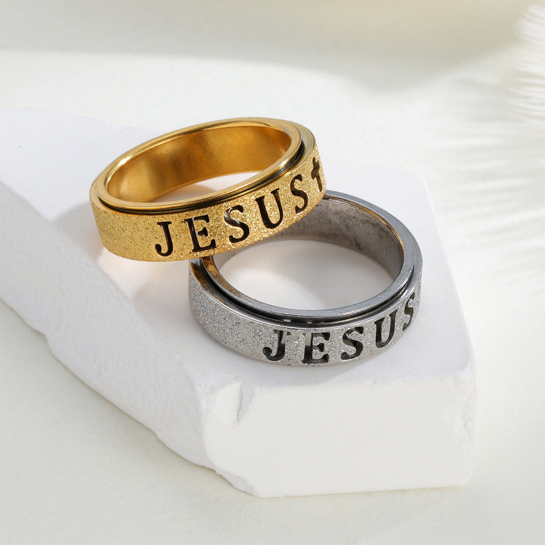 Christianartworkshop Engraved JESUS Text Cross Rotatable Anxiety Relief Band Ring: Timeless Emblem of Unshakable Sacred Faith - image 1