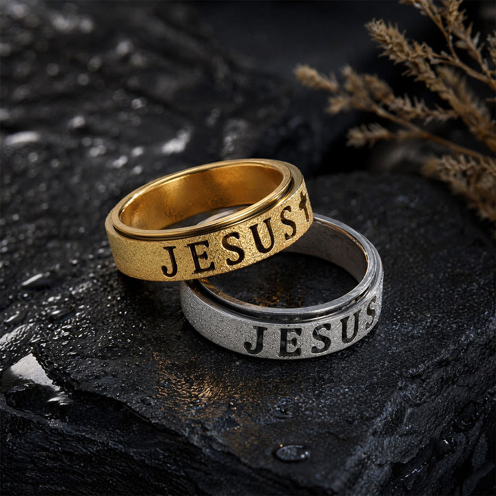 Christianartworkshop Engraved JESUS Text Cross Rotatable Anxiety Relief Band Ring: Timeless Emblem of Unshakable Sacred Faith - image 0