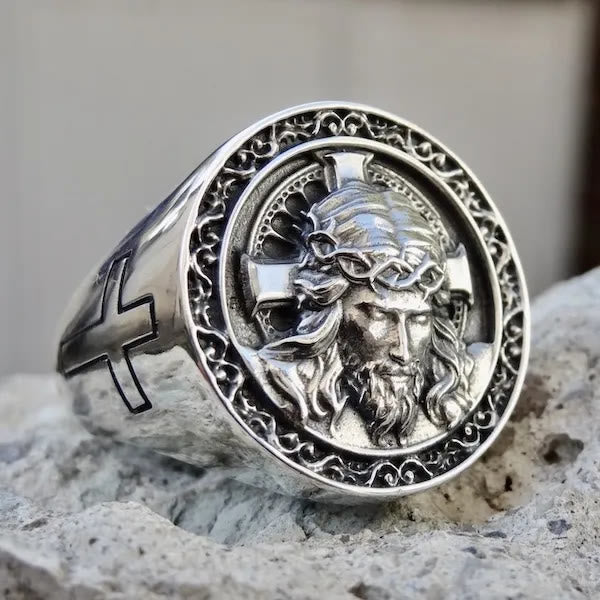 Christianartworkshop Round Plaque Crown of Thorns Jesus Scroll Border Signet Ring: Timeless Emblem of Unshakable Sacred Faith - image 7