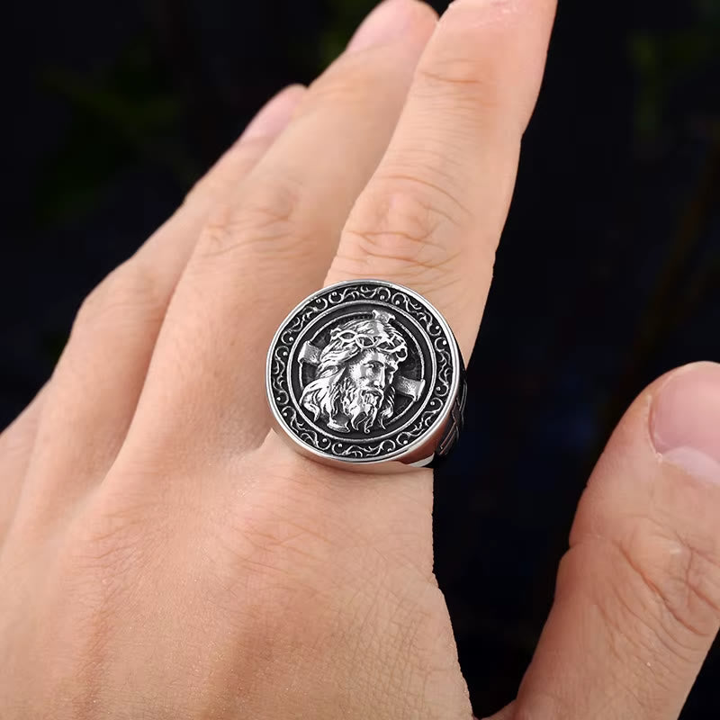 Christianartworkshop Round Plaque Crown of Thorns Jesus Scroll Border Signet Ring: Timeless Emblem of Unshakable Sacred Faith - image 5