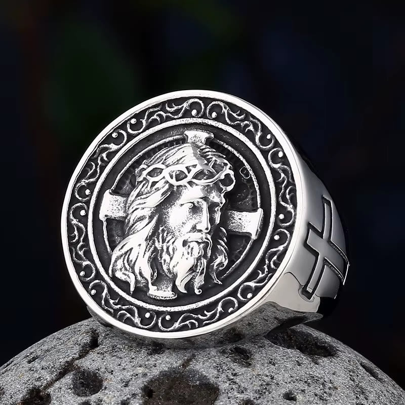 Christianartworkshop Round Plaque Crown of Thorns Jesus Scroll Border Signet Ring: Timeless Emblem of Unshakable Sacred Faith - Silver - US 13 - image 0
