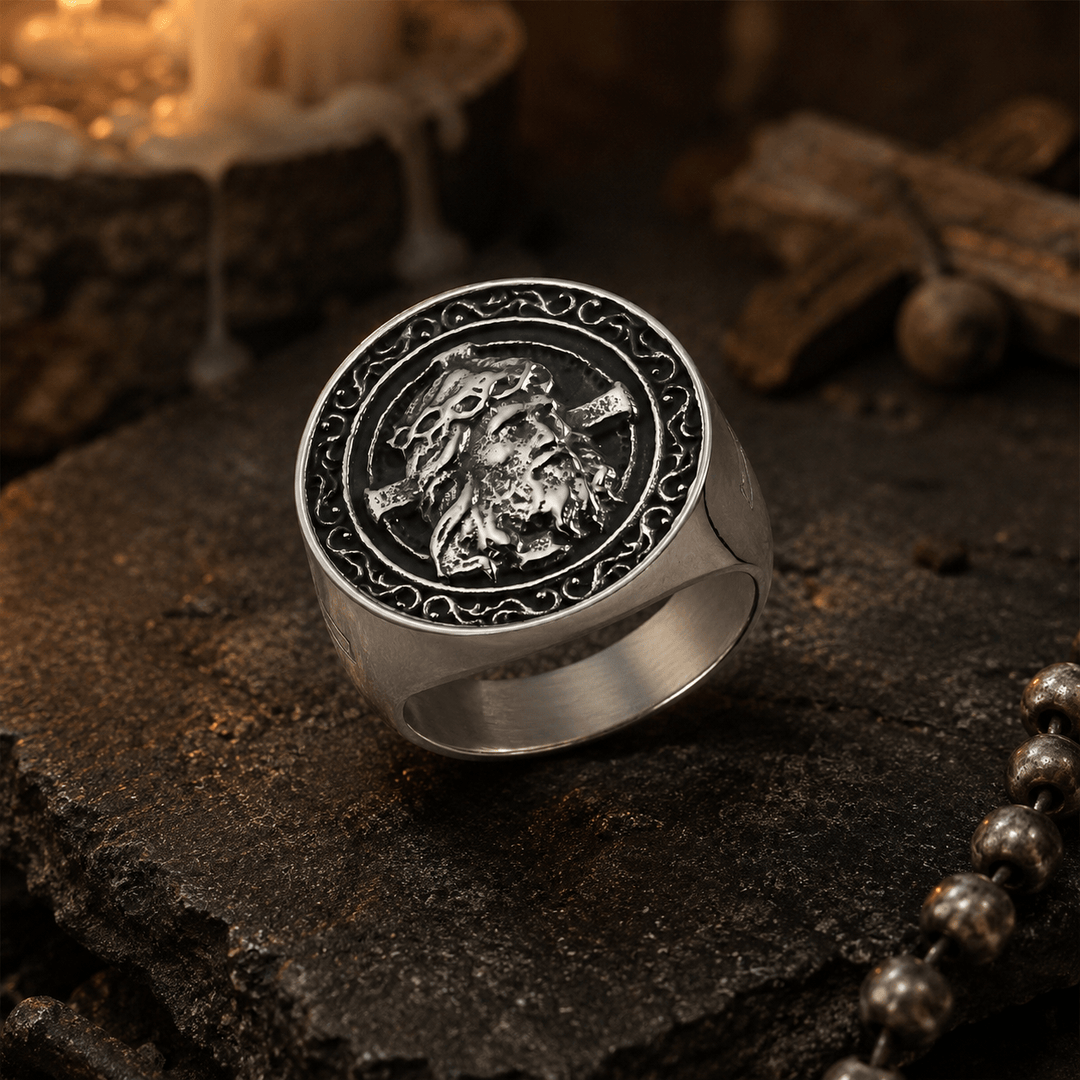 Christianartworkshop Round Plaque Crown of Thorns Jesus Scroll Border Signet Ring: Timeless Emblem of Unshakable Sacred Faith - image 6