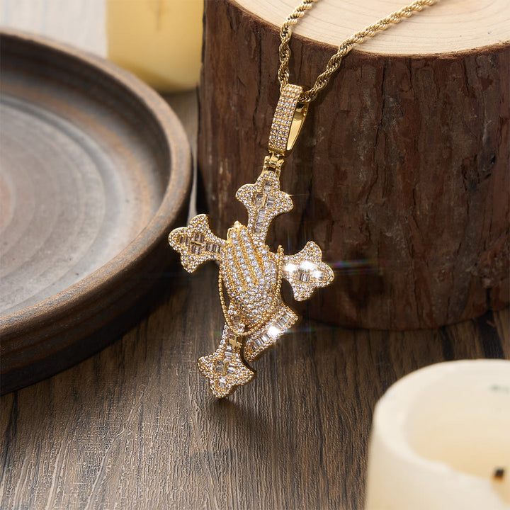 Christianartworkshop Stone Inlaid Praying Hands Cross Pendant Necklace: Timeless Emblem of Sincere Devout Prayer - Golden - image 3