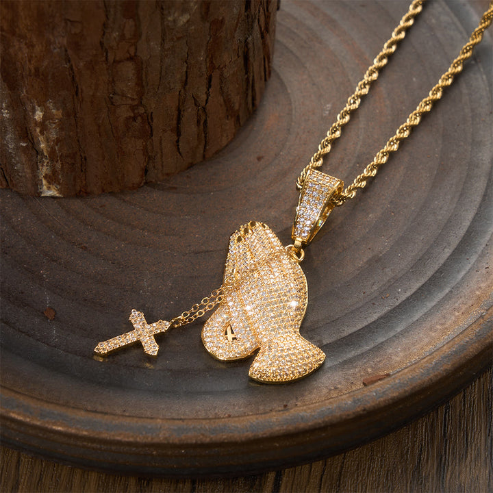 Christianartworkshop Full Pave Praying Hands Pendant With Hanging Cross Necklace: Timeless Emblem of Sincere Devout Prayer - image 2