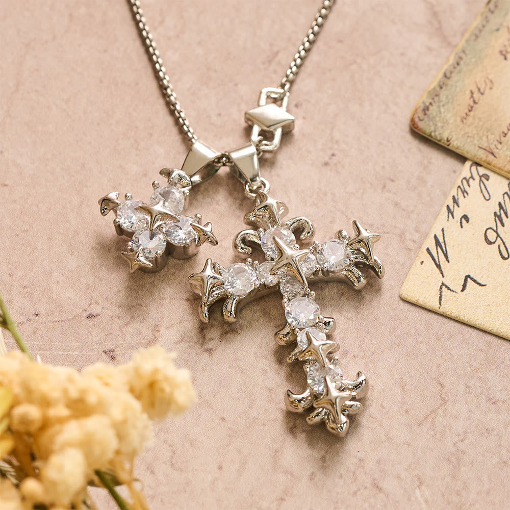 Christianartworkshop Star Accent Stone Inlaid Double Cross Layered Necklace: Timeless Emblem of Sincere Devout Prayer - Silver - image 4