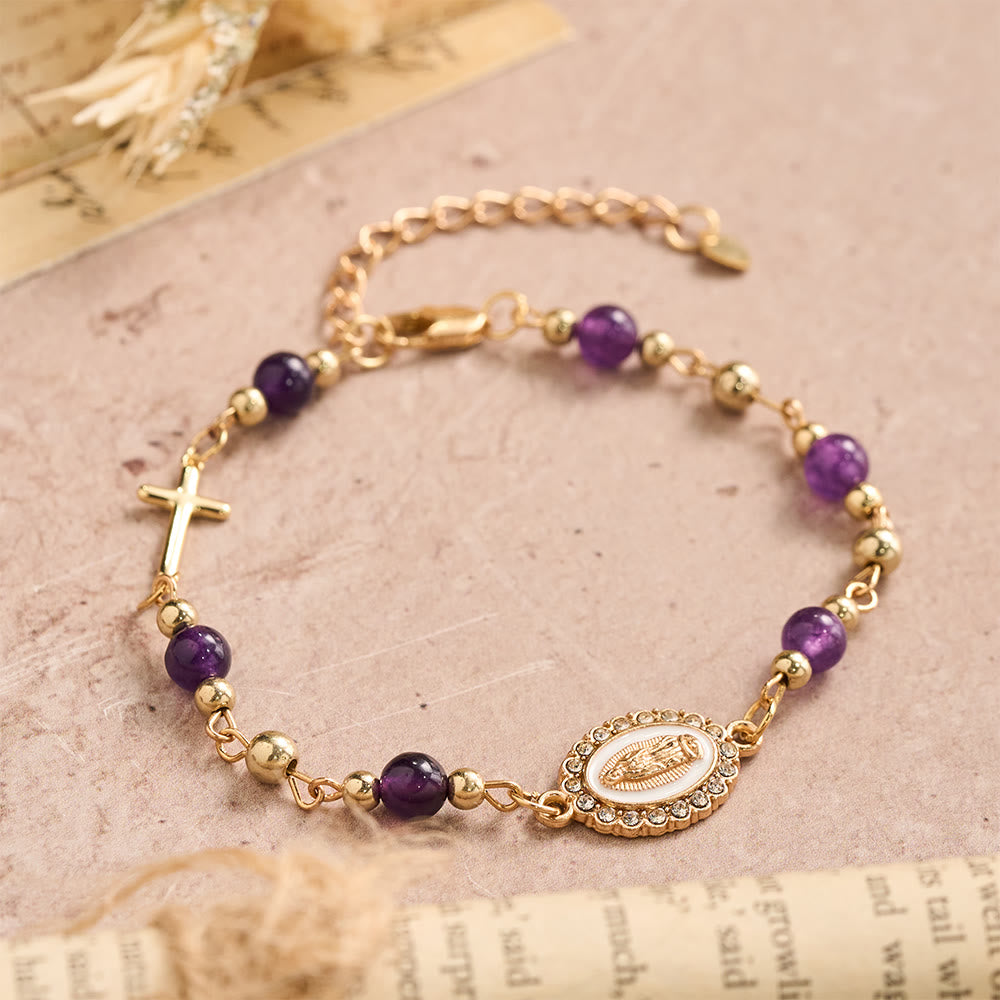Christianartworkshop Our Lady Oval Plaque Cross Natural Stone Adjustable Bracelet: Personalized Emblem of Steadfast Heavenly Faith - image 2