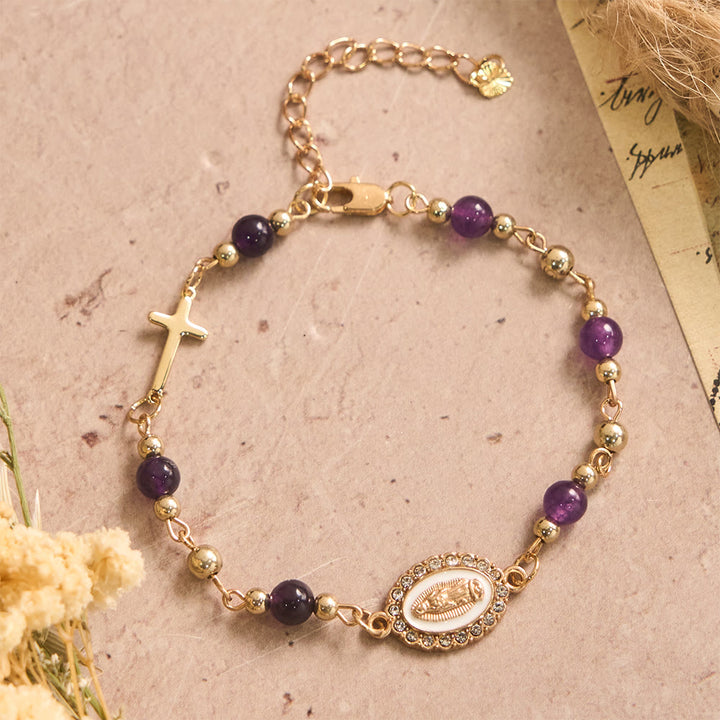 Christianartworkshop Our Lady Oval Plaque Cross Natural Stone Adjustable Bracelet: Personalized Emblem of Steadfast Heavenly Faith - Our Lady&Amethyst - image 1