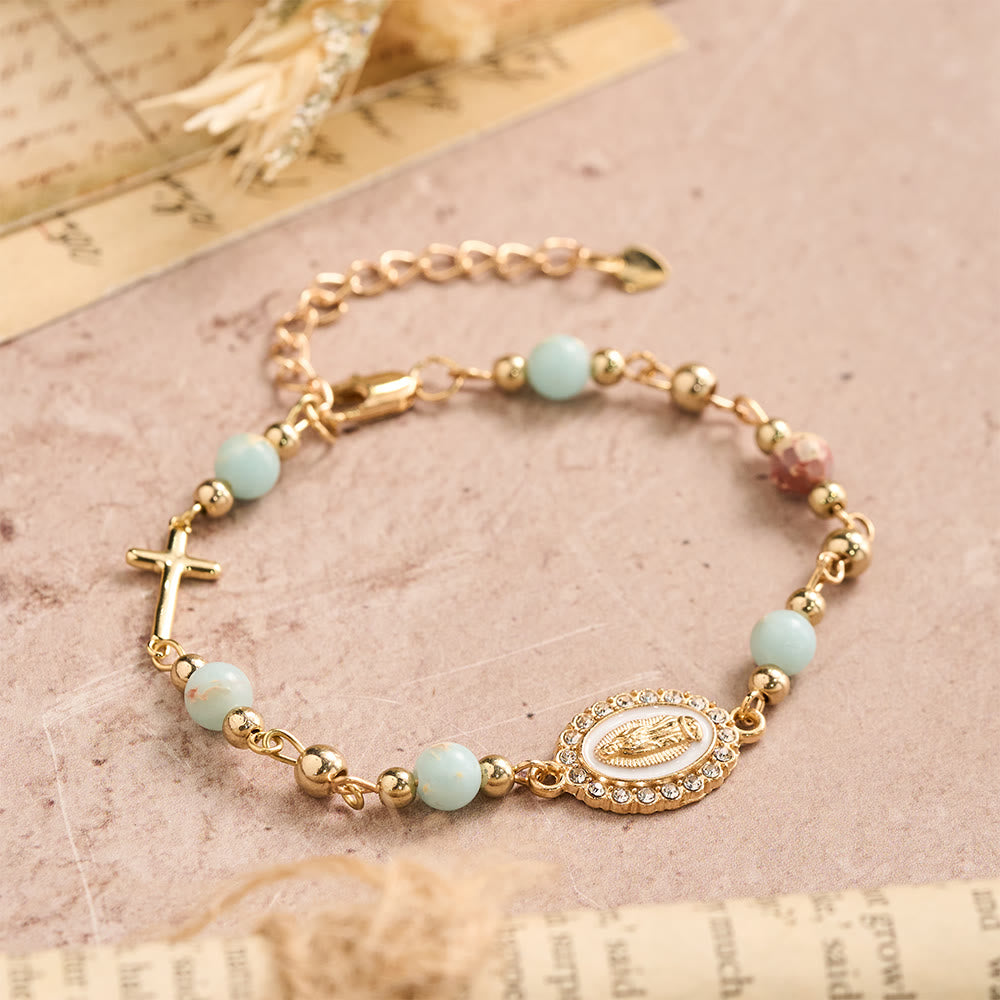 Christianartworkshop Our Lady Oval Plaque Cross Natural Stone Adjustable Bracelet: Personalized Emblem of Steadfast Heavenly Faith - image 6