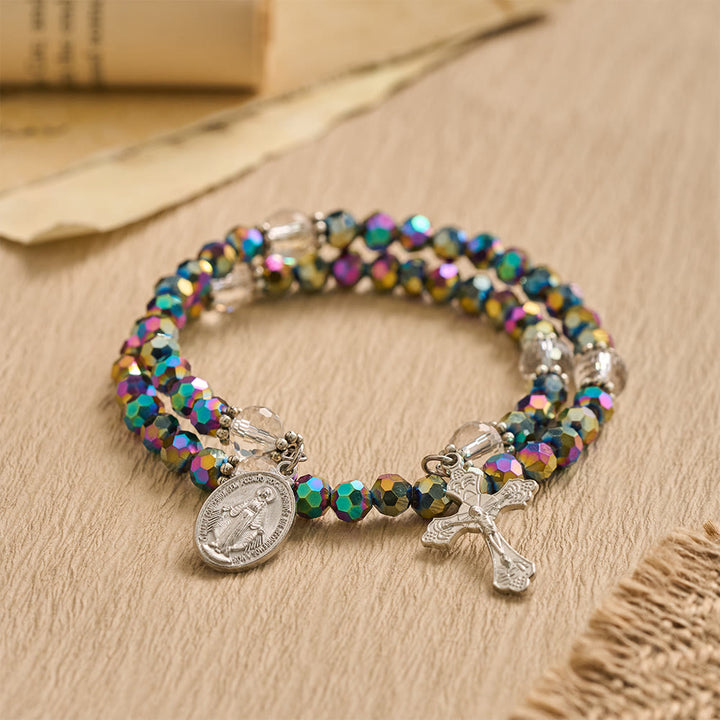 Christianartworkshop Faceted Bead Virgin Mary Medal Crucifix Wrap Bracelet: Personalized Emblem of Steadfast Heavenly Faith - image 2