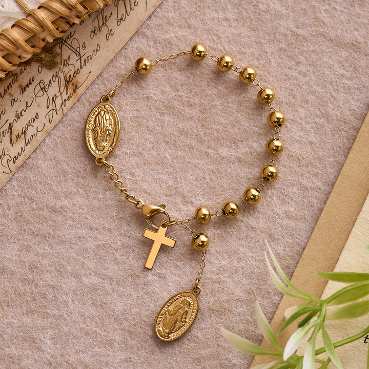 Christianartworkshop Smooth Round Bead Virgin Mary Medal Dangle Cross Extension Bracelet: Personalized Emblem of Steadfast Heavenly Faith - Our Lady&Cross - image 0