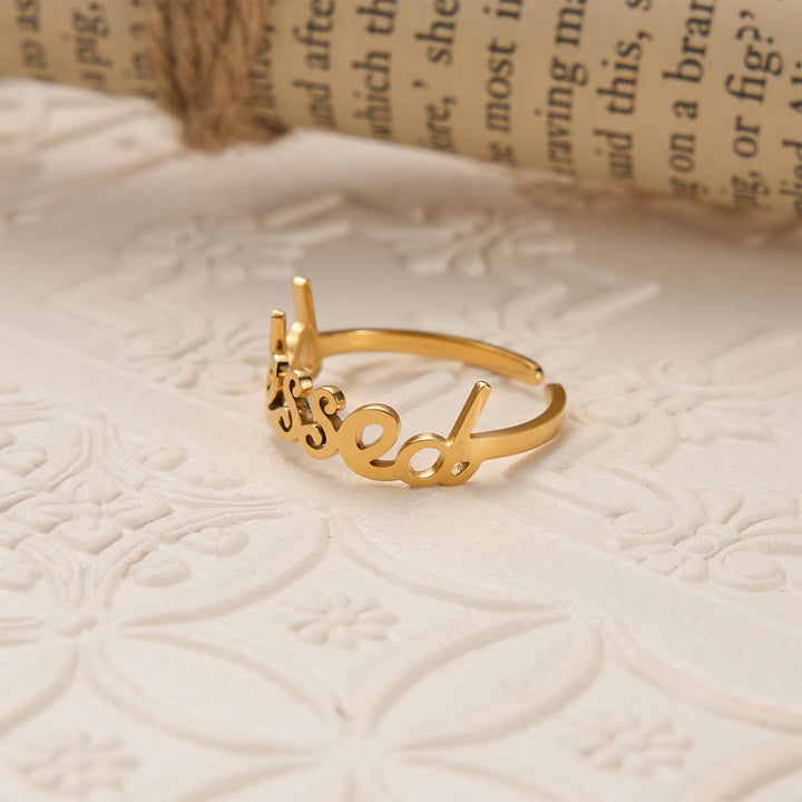 Christianartworkshop Cursive Blessed Word Open Adjustable Ring: Personalized Emblem of Steadfast Heavenly Faith - image 1