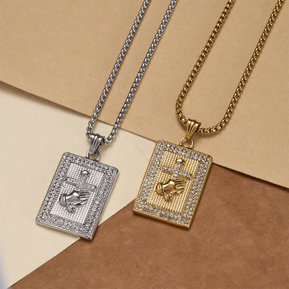Christianartworkshop Praying Hands Cross Rectangular Tag Box Chain Necklace: Timeless Emblem of Sincere Devout Prayer - image 1