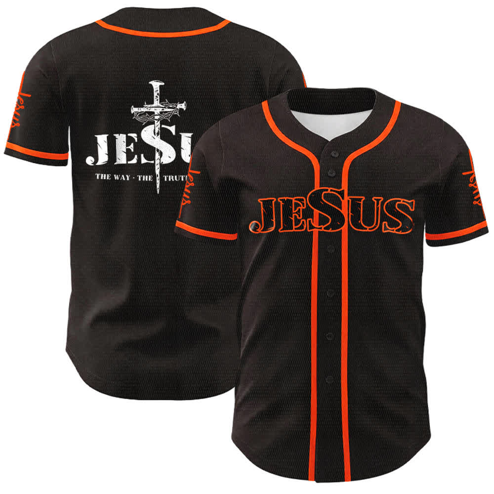 Christianartworkshop Jesus Cross Nail and Crown of Thorns Baseball Jersey - Black - Orange - 5XL - image 10