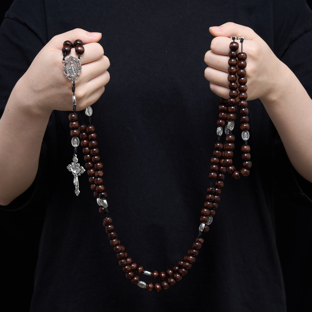 Christianartworkshop 5/15/20 Decade Polished Natural Wood Bead Floral Frame Our Lady & Carved Crucifix Rosary - image 4
