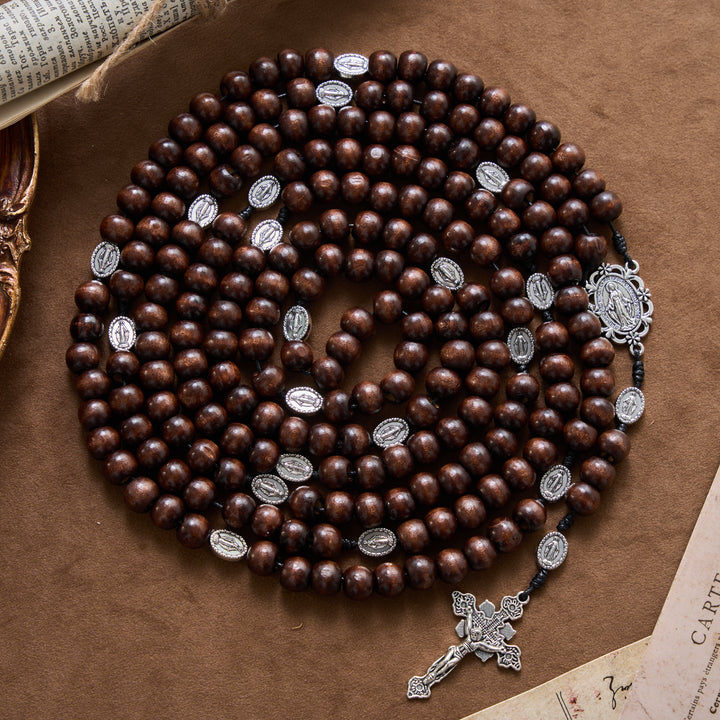 Christianartworkshop 5/15/20 Decade Polished Natural Wood Bead Floral Frame Our Lady & Carved Crucifix Rosary - 20 Decade Rosary - image 0