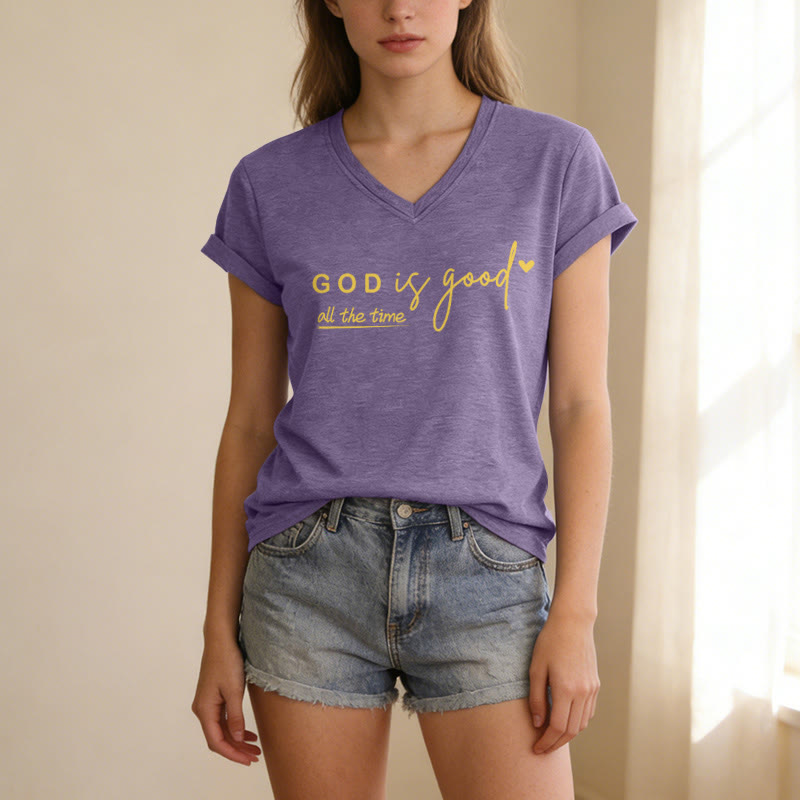 Christianartworkshop God Is Good All The Time Dual Tiny Heart Accent Casual V-neck T-shirt - image 9