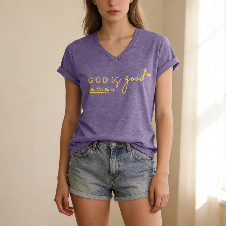 Christianartworkshop God Is Good All The Time Dual Tiny Heart Accent Casual V-neck T-shirt - image 9