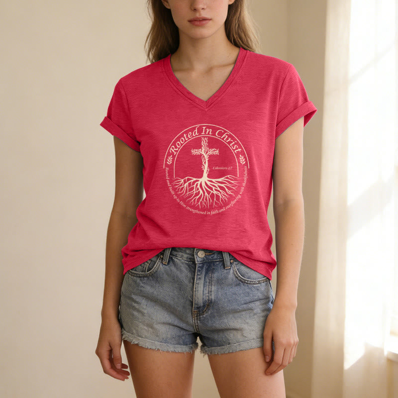 Christianartworkshop Rooted In Christ Tree Root Cross Circular Frame Scripture Verse Casual V-neck T-shirt - image 11