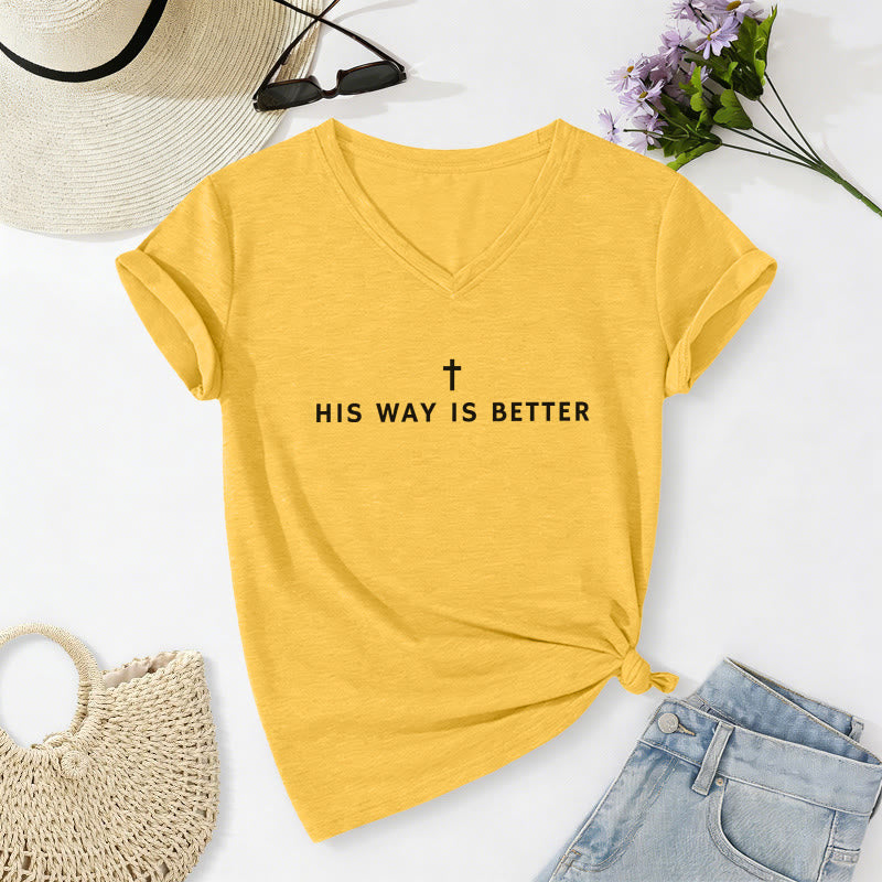 Christianartworkshop His Way Is Better Simple Vertical Cross Minimal Casual V-neck T-shirt - Yellow - 2XL - image 8