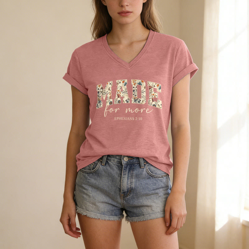 Christianartworkshop Made For More Floral Fill Varsity Font Cursive Script Ephesians 2:10 Verse Casual V-neck T-shirt - image 5