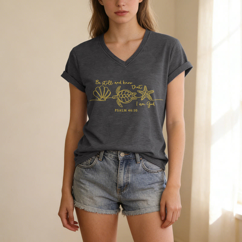 Christianartworkshop Be Still And Know That I Am God Line Drawing Sea Turtle Shell Starfish Psalm 46:10 V-neck T-shirt - image 3