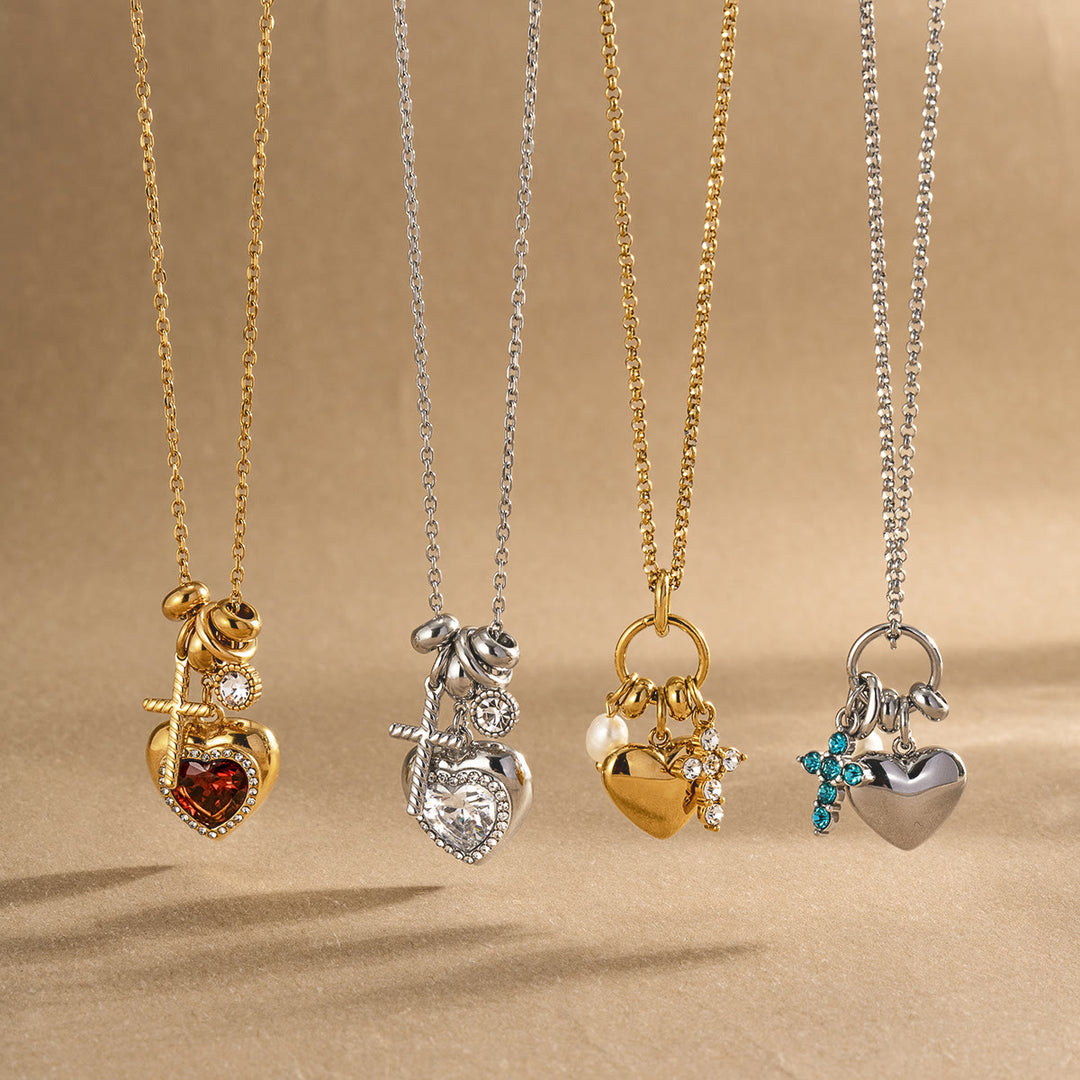 Christianartworkshop Halo Stone Heart Pendant Cross Multi-Charm Cable Chain Necklace: Timeless Emblem of Gentle Heavenly Guardianship - image 1