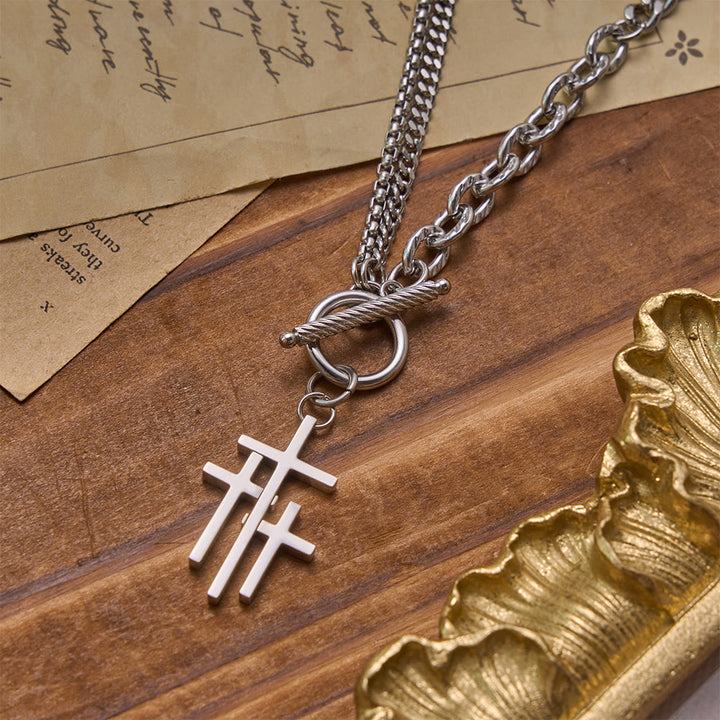 Christianartworkshop Triple Overlapping Cross Toggle Clasp Dual Textured Chain Necklace: Timeless Emblem of Gentle Heavenly Guardianship - image 3