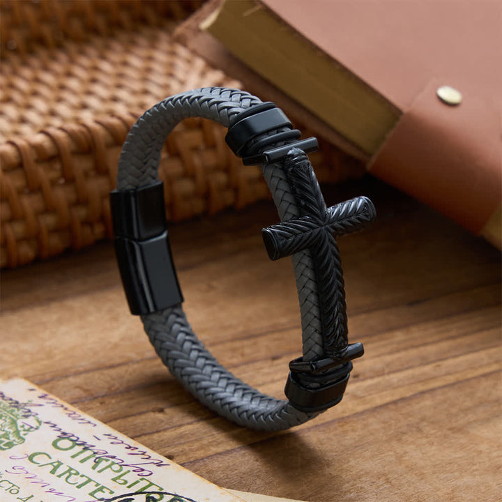 Christianartworkshop 10-Color Braided Leather Cross Bracelet with Embossed Details: A Symbol of Rugged Faith - Grey - image 16