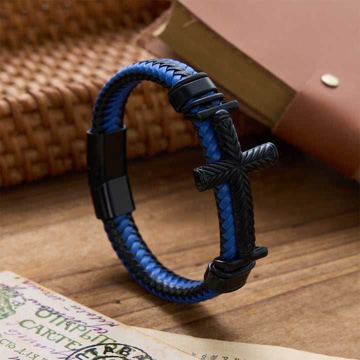 Christianartworkshop 10-Color Braided Leather Cross Bracelet with Embossed Details: A Symbol of Rugged Faith - Dark Blue - image 13