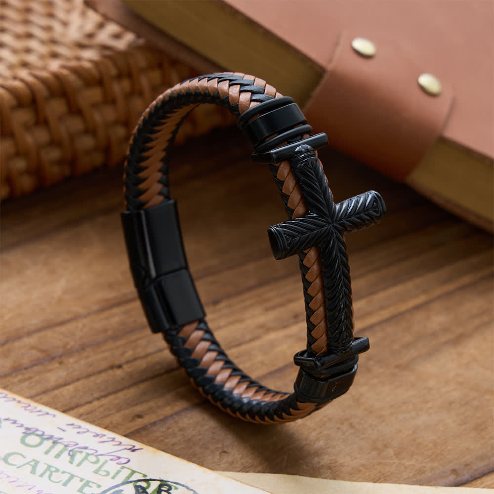 Christianartworkshop 10-Color Braided Leather Cross Bracelet with Embossed Details: A Symbol of Rugged Faith - Orange - image 15