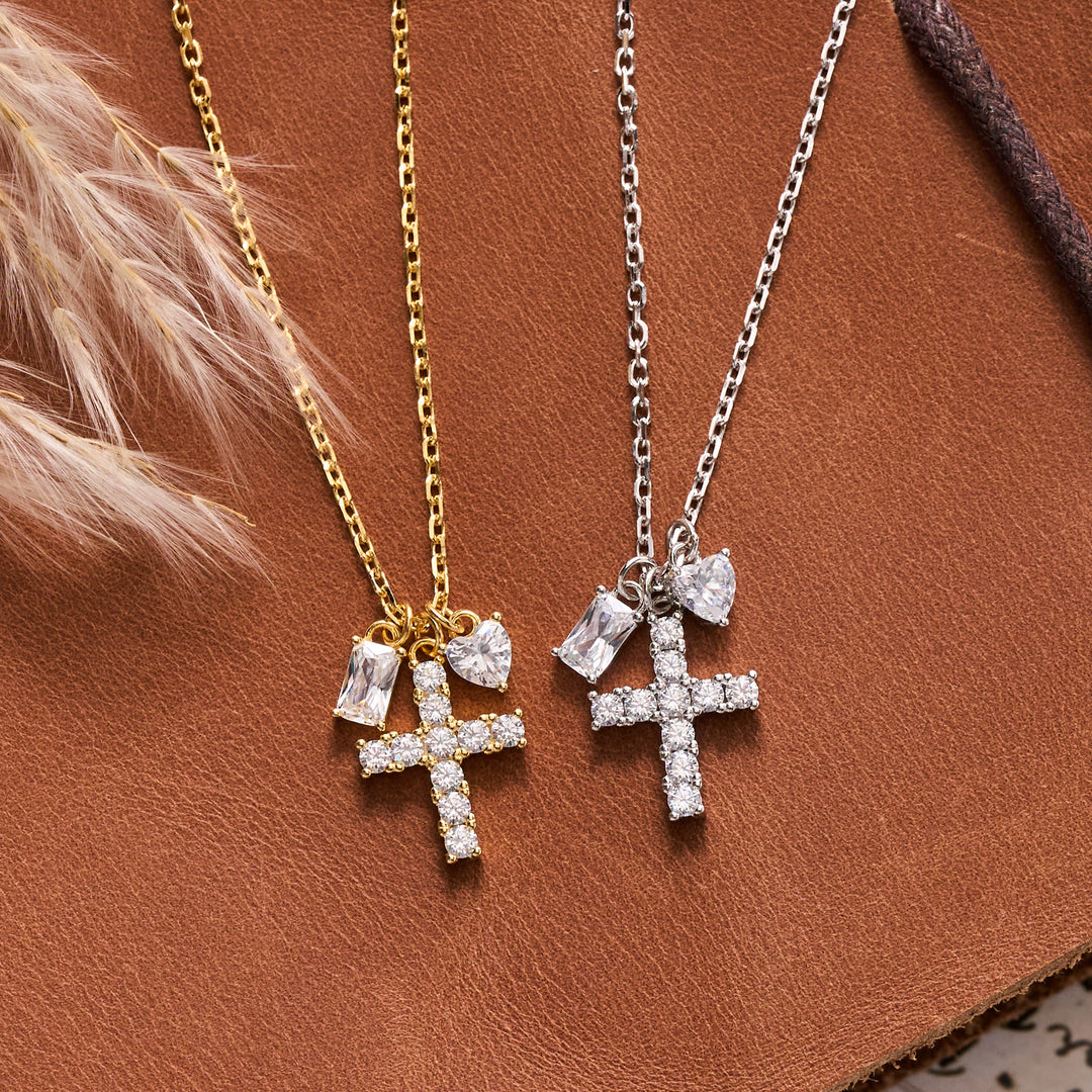 Christianartworkshop Round Stone Cross Heart & Rectangle Accent Cable Chain Sterling Silver Necklace: Timeless Emblem of Gentle Heavenly Guardianship - image 0
