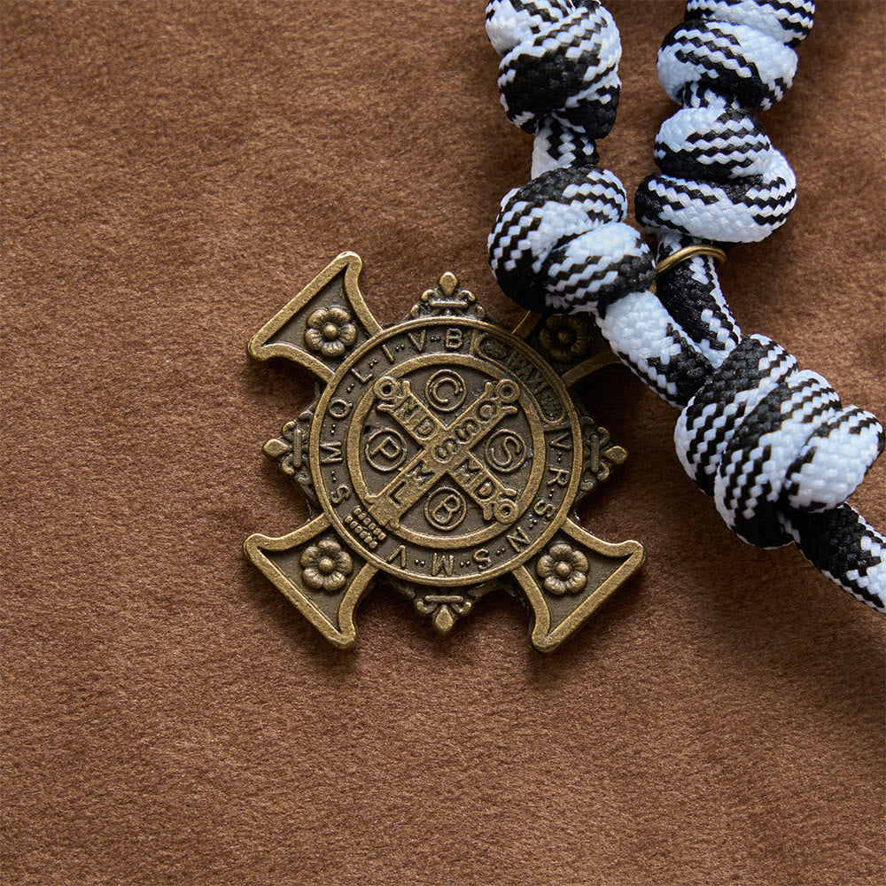 Christianartworkshop Black & White-Tone Twisted Paracord Knotted Rosary With St.Benedict Plaque & Jesus Cross - image 7