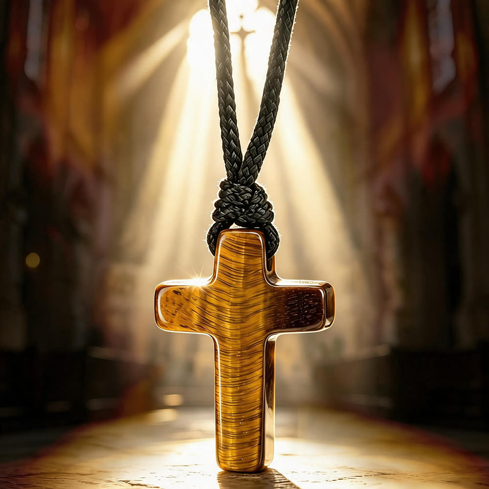 Christianartworkshop Tiger Eye Cross Braided Adjustable Cord Necklace: Timeless Emblem of Gentle Heavenly Guardianship - Cross - image 0