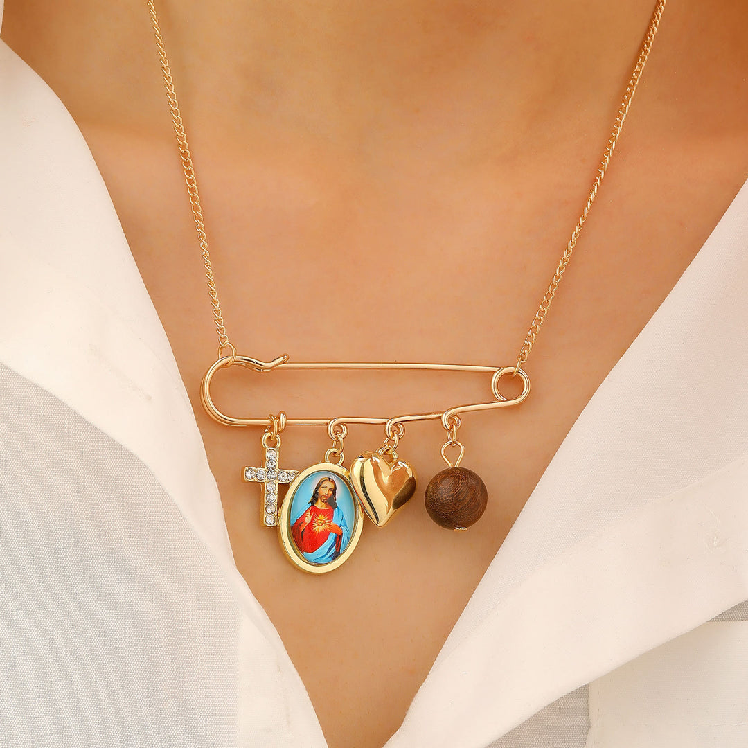 Christianartworkshop Multi-Dangle Sacred Portrait Safety Pin Convertible Brooch Necklace: Timeless Emblem of Gentle Heavenly Guardianship - Crucifix Necklace - image 7