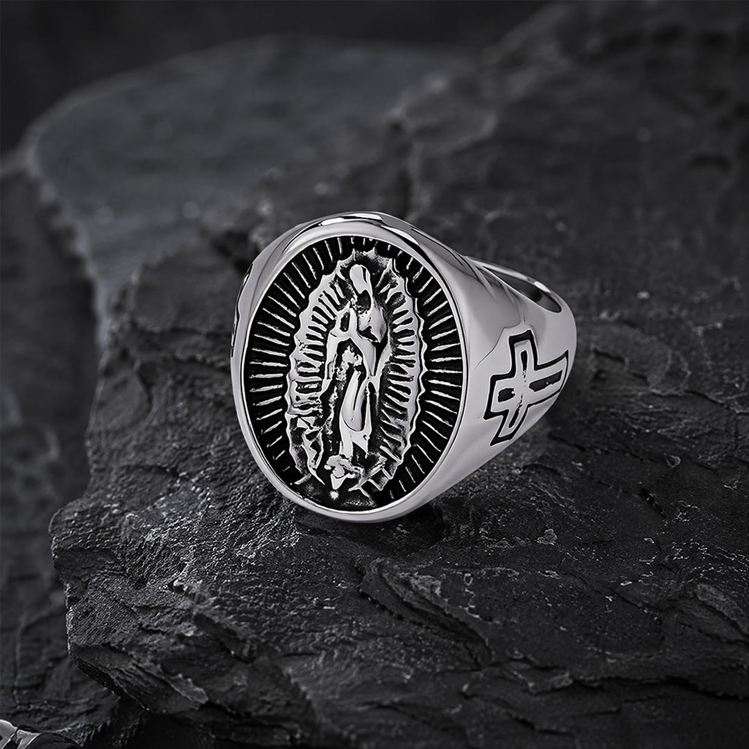 Christianartworkshop Deep Relief Our Lady Of Guadalupe Cross Statement Ring: Timeless Emblem of Unshakable Sacred Faith - Silver - US 12 - image 8